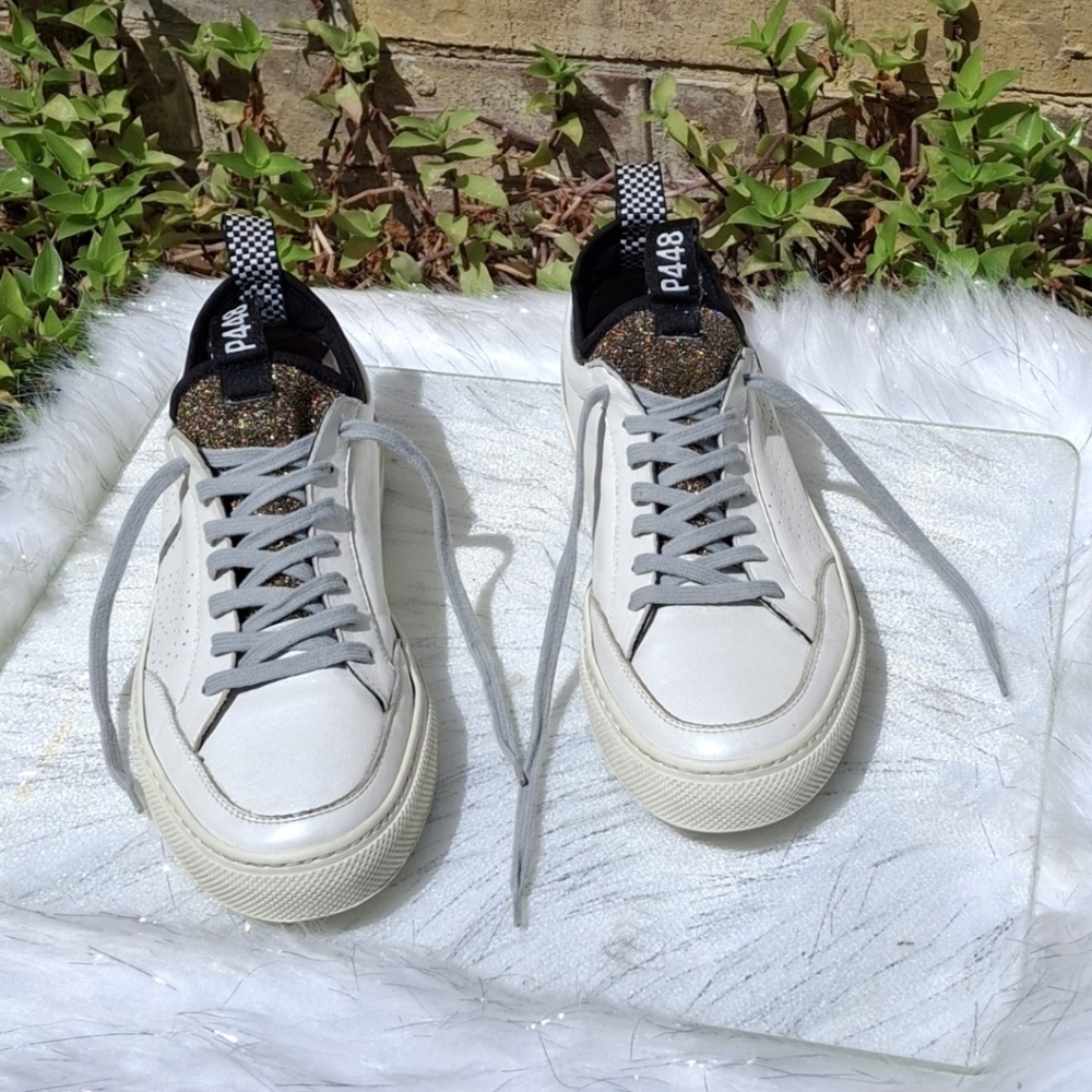P448 You Can Surf Later White Leather Gold Glitter Tongue Sneakers Women Size 9 - Picture 3 of 16